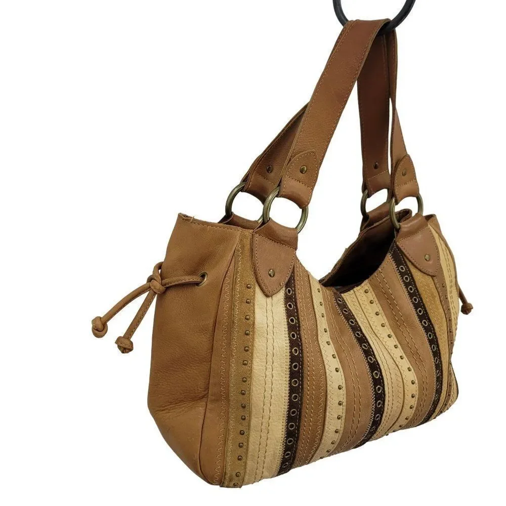 Vintage Fossil Hobo Leather‎ Patchwork Studded Embroidered Shoulder Bag Brown